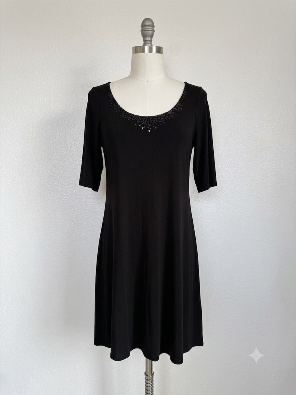 Eileen Fisher Black Silk Scoop Neck Dress with Bead Detail
